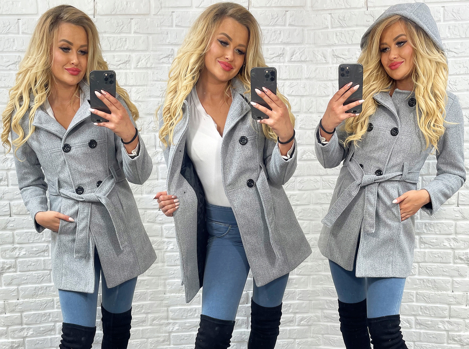 KLASYCZNY PŁASZCZ Z PASKIEM Z KAPTUREM_KOLORY_XL Zapięcie guziki