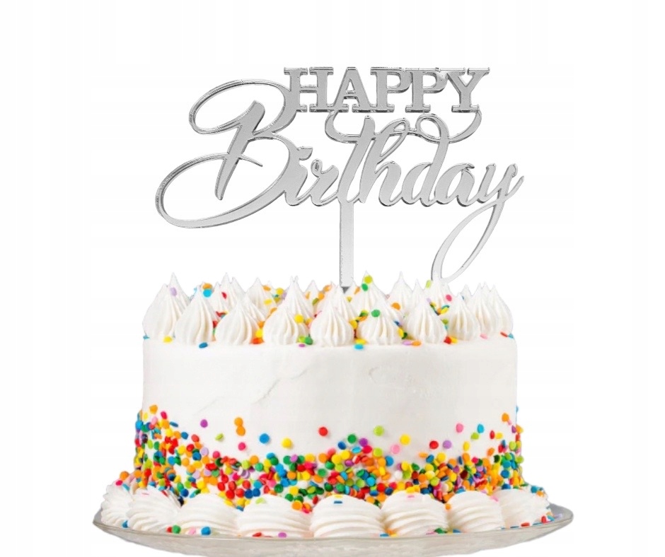 TOPPER PIKER NA TORT BENTO CAKE HAPPY BIRTHDAY SREBRNY Stan opakowania oryginalne