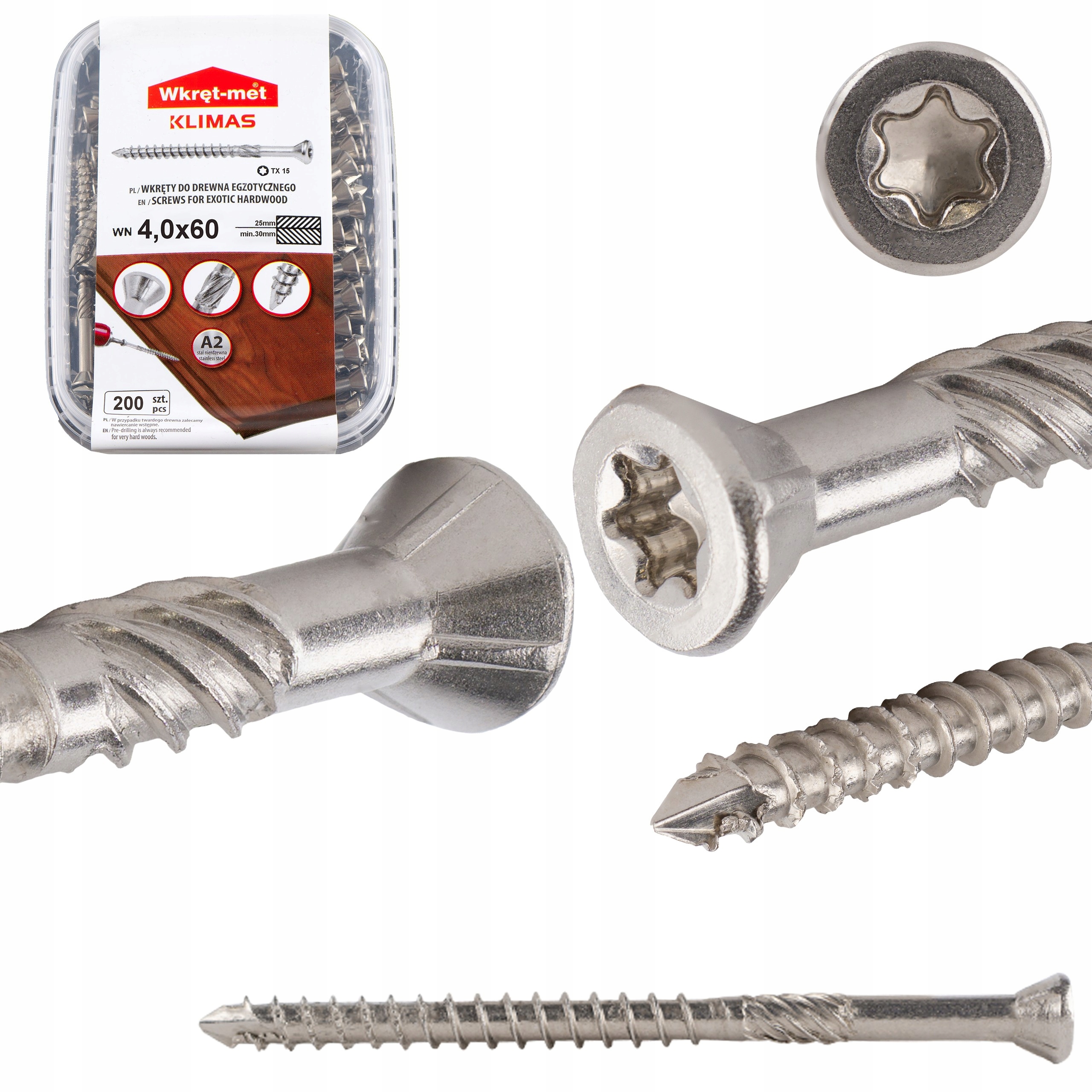 Nerezové vruty do dřeva 4x60 mm 200 ks terasové Torx A2 Klimas Wn