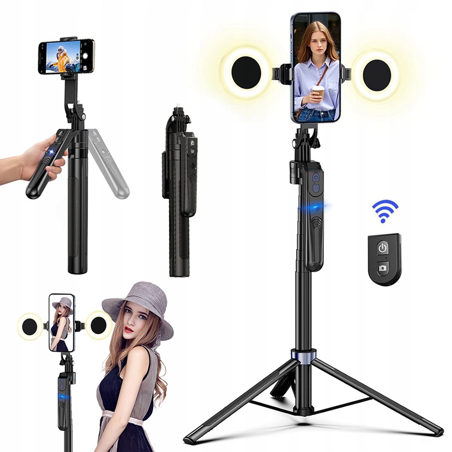 Stativová Selfie Tyč Pro Sledování Obličeje Se Dvěma Světly A Dálkovým Ovládáním Bluetooth