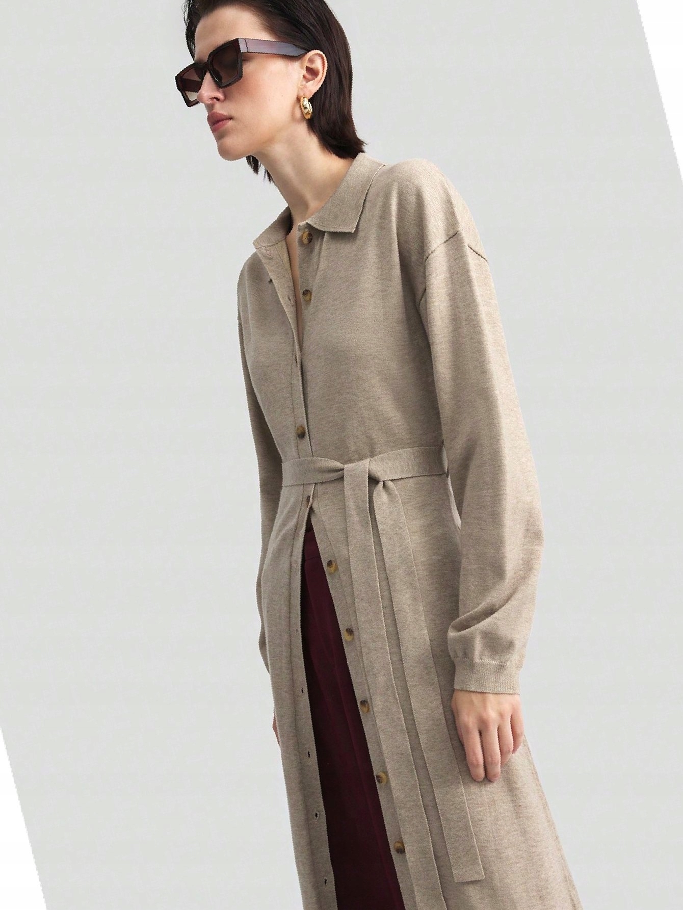 Dlouhý kardigan s příměsí vlny Límec Pásek Denní S 36