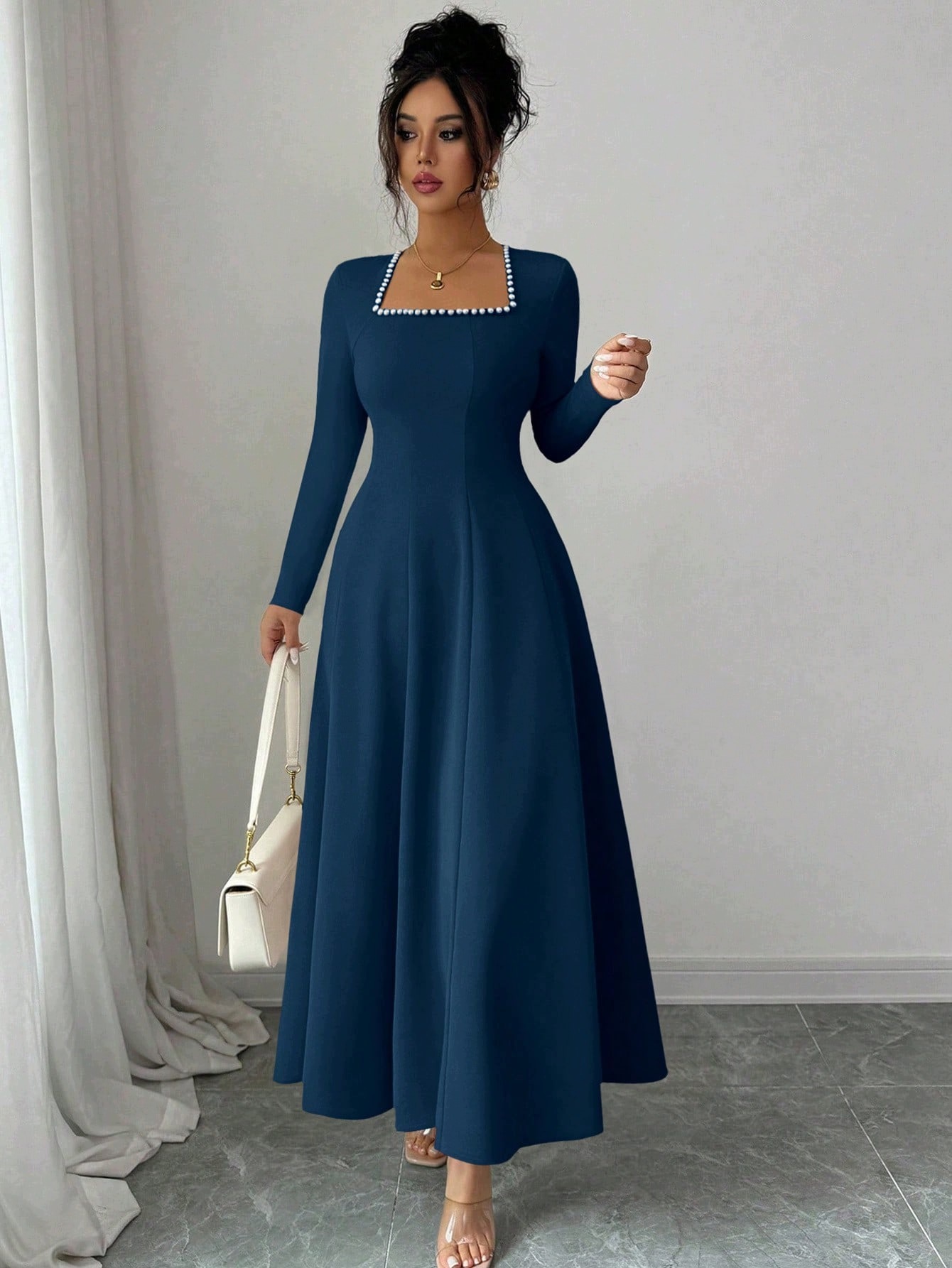 Shein Tmavě Modrá Šaty S Perleťovým Výstřihem, Velikost XL, 1M