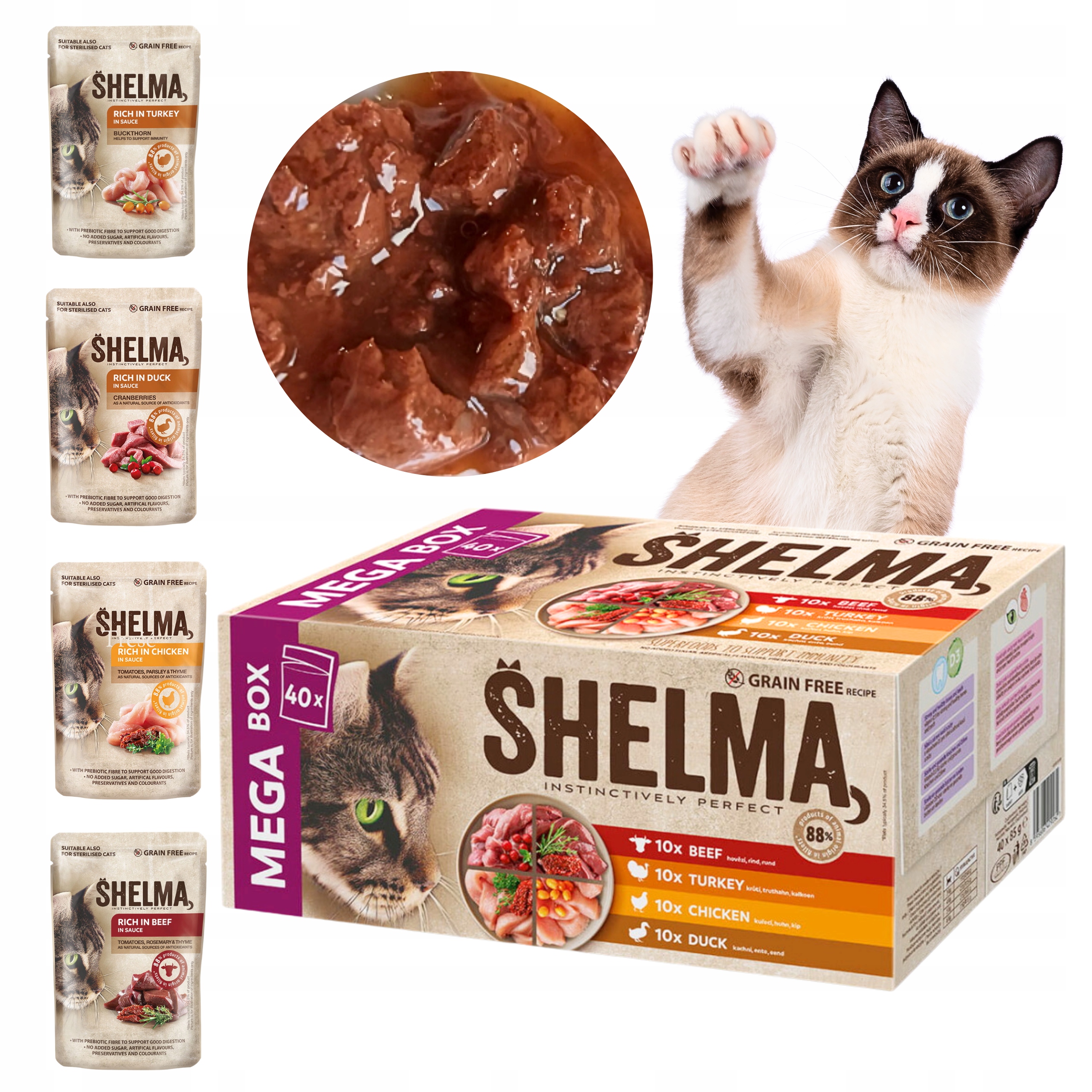 Krmivo Vlhké pro kočky Sáčky Shelma Bez obilovin Mix Chutí 40 ks x 85 g