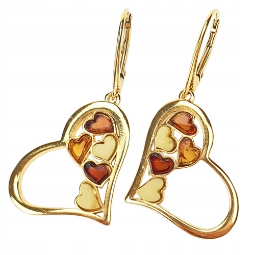 Zlaté Náušnice srdíčko z Jantaru ze Stříbra pozlacené dárek Na Velikonoce