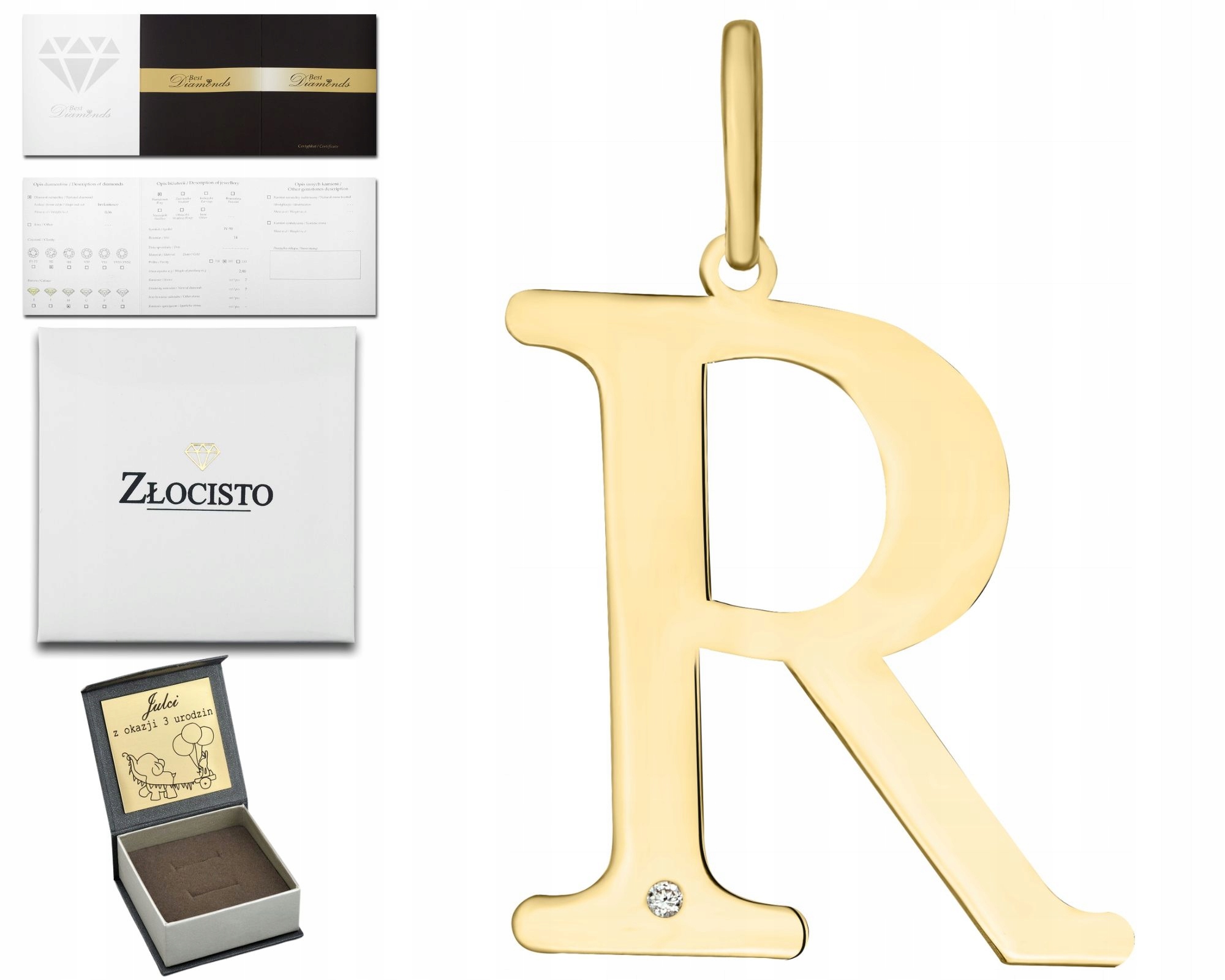 Zlatý Přívěsek S Velkým Písmenem R A Briliantem Gravírování