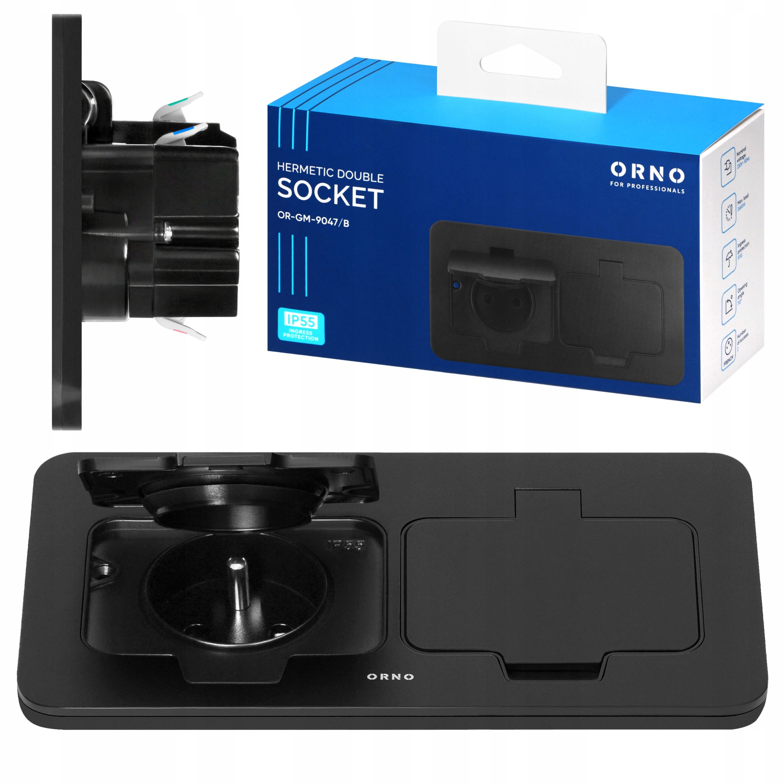 Gniazdo Elektryczne Hermetyczne Gniazdko Podwójne Podtynkowe IP55 Czarne