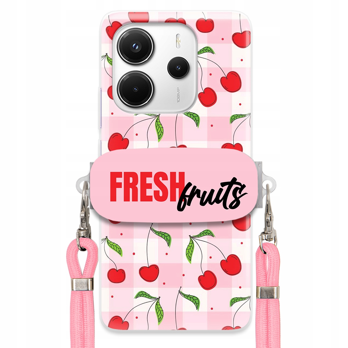 Puzdro pre Xiaomi Redmi Note 14 4G Držiak na šnúrku Ružový Fresh Fruits Mriežka