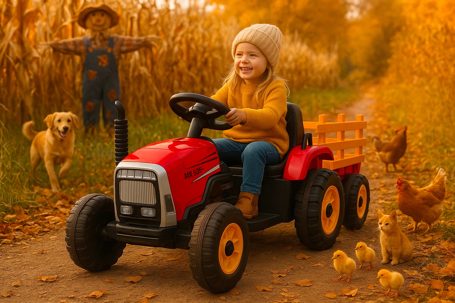 TRAKTOR na akumulator z przyczepką LED muzyka PREZENT dla dziecka czerwony