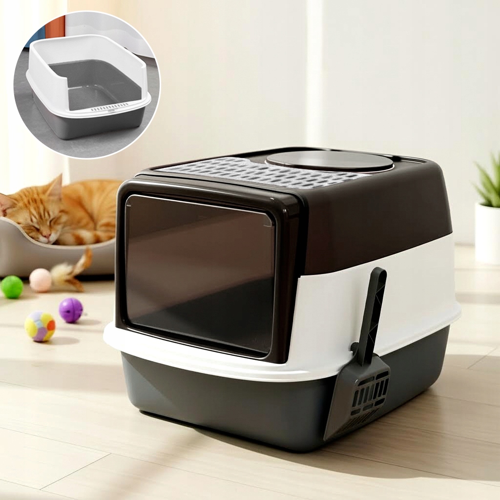 Duża, zamykana kuweta dla kota 2w1 z drapakiem, grzebieniem i łopatką