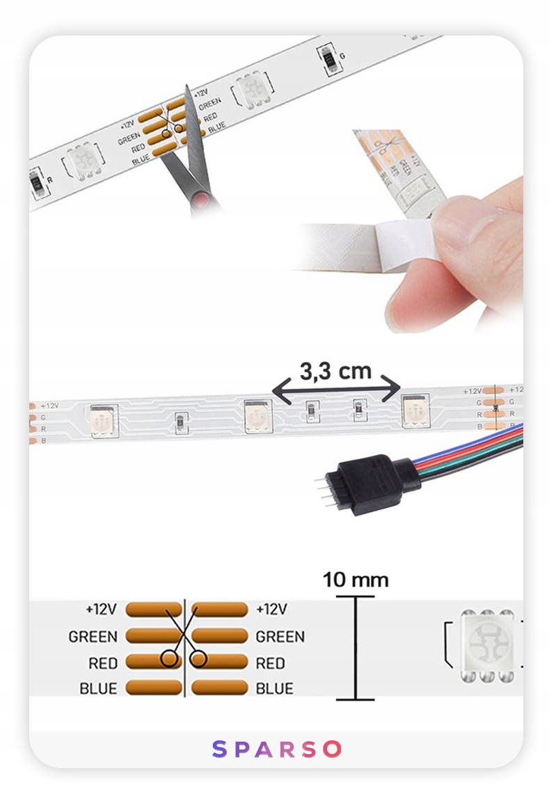 TAŚMA LED RGB KOLOROWA 5M LEDY 230V 12V z PILOTEM APLIKACJA MUZYKA Zestaw Marka Sparso
