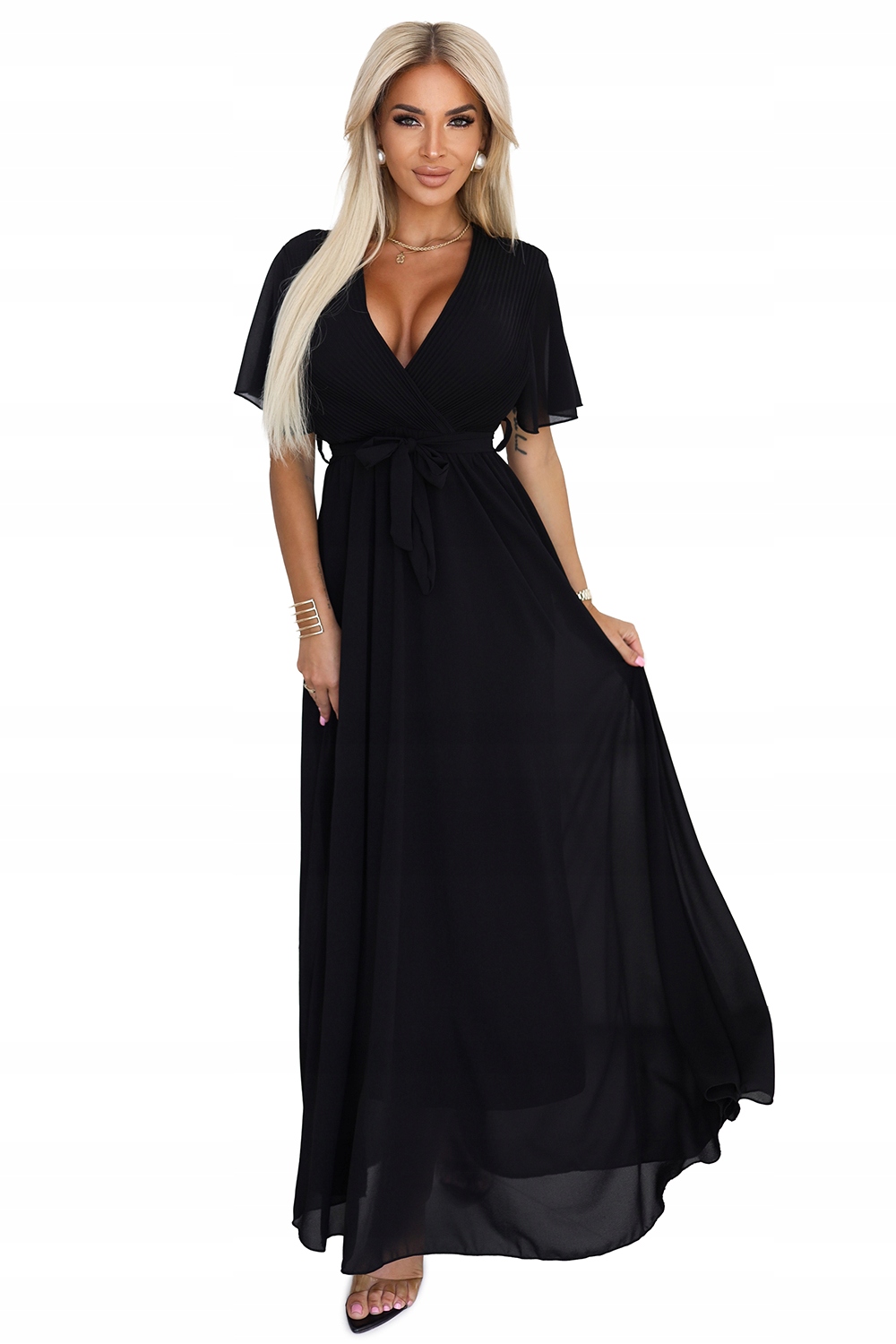 Czarna Długa Sukienka z Plisowanym Dekoltem i Wiązaniem