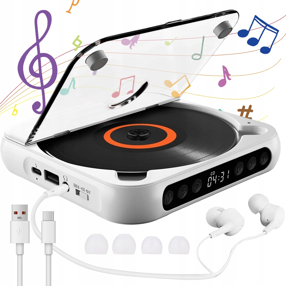 Přenosný Bluetooth CD Přehrávač S Usb Led Obrazovkou, Funkce Ab Repeat, Bílá Barva