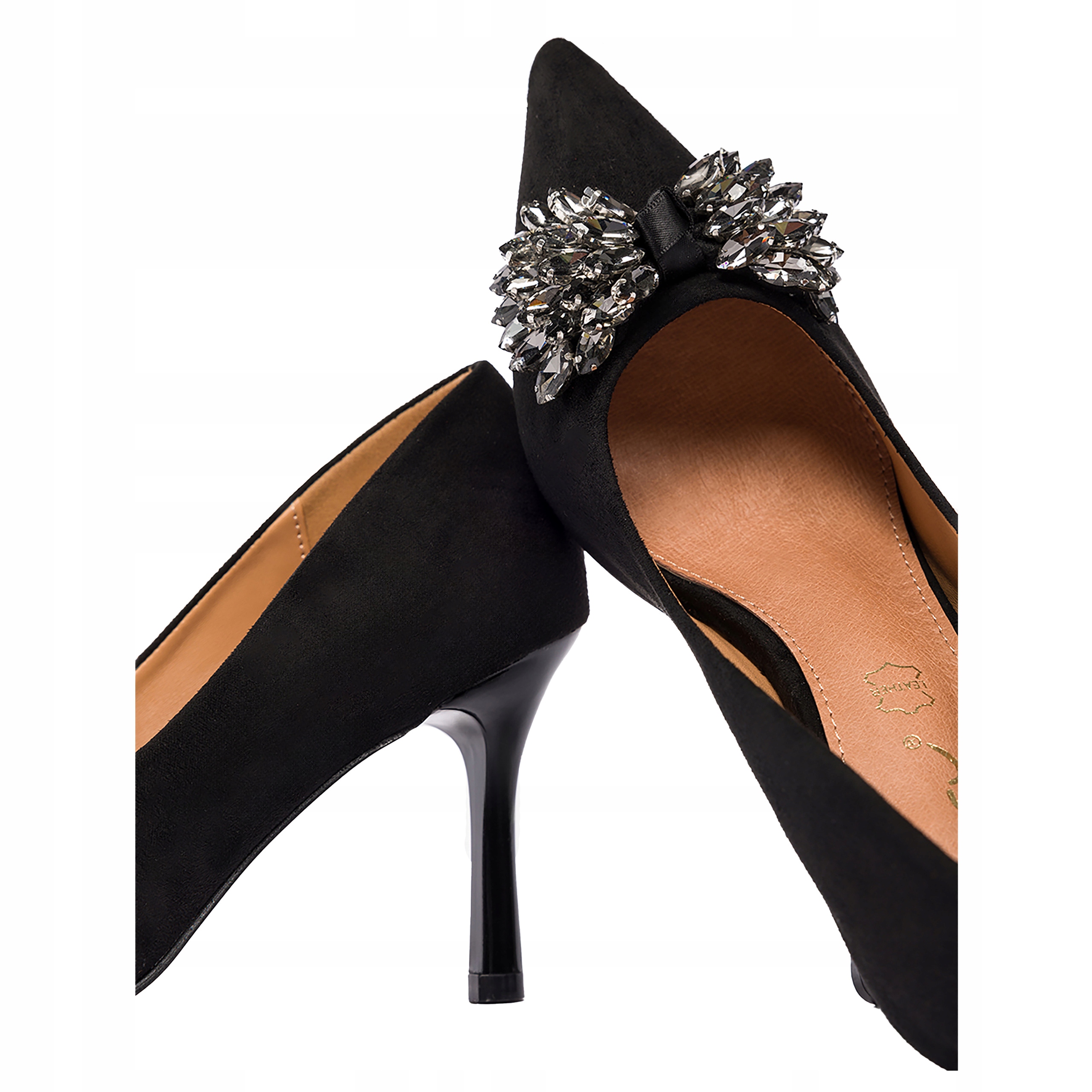 Szpilki Czółenka Damskie Kokarda z Kryształków Skórzana Wkładka Czarne r 38