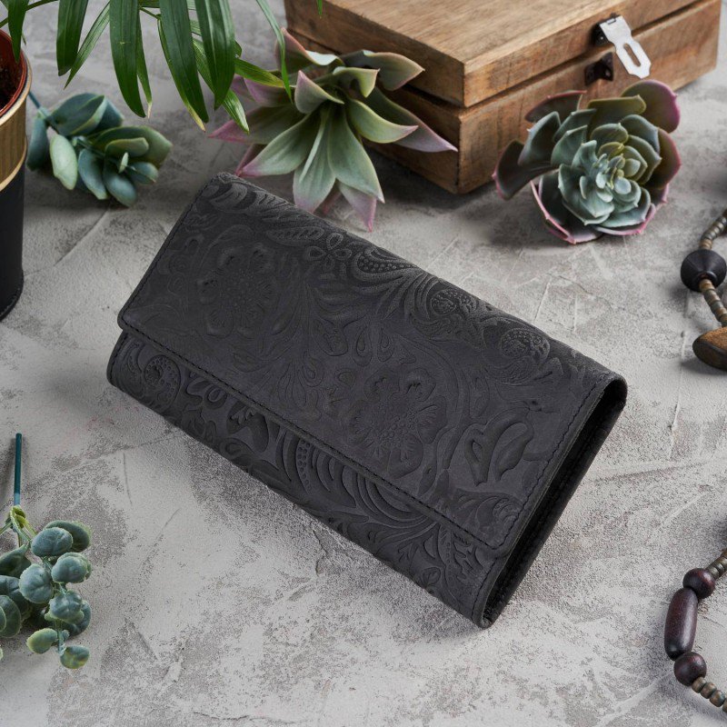 

Skóra Portfel Damski Tłoczony Kopertówka Czarny