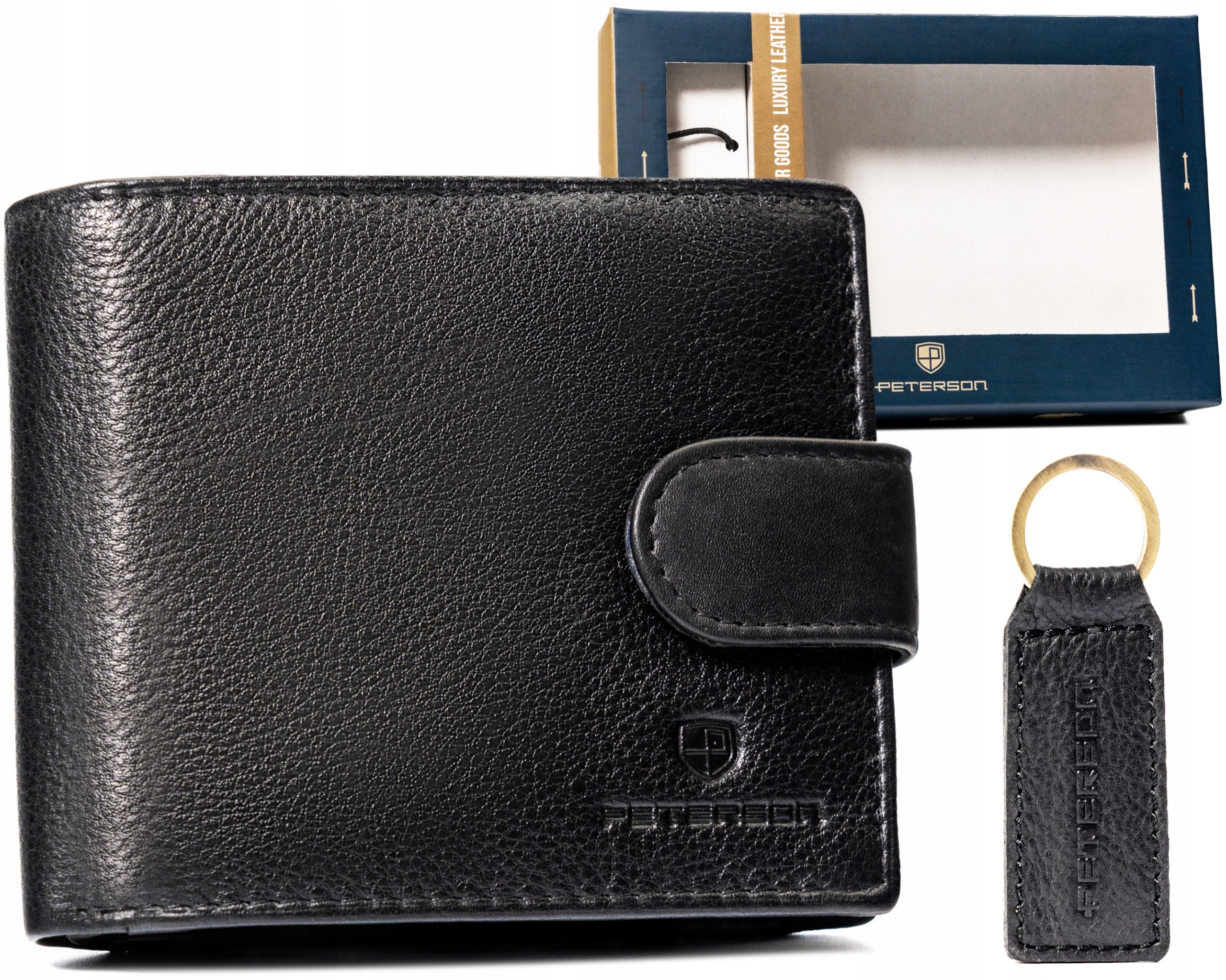 PETERSON PORĘCZNY PORTFEL MĘSKI SKÓRZANY BRELOK PUDEŁKO PREZENT CZARNY 1549