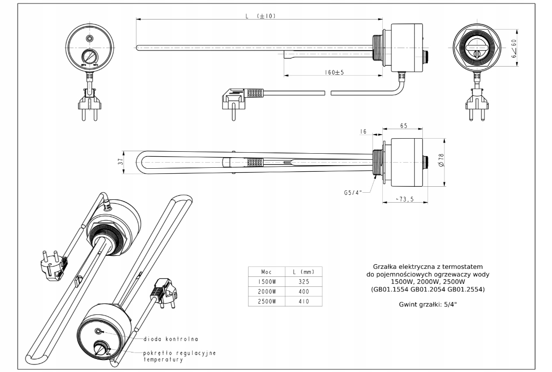 GRZAŁKA DO BOJLERA Z TERMOSTATEM 5/4'' 1500W VOLUX Rodzaj do bojlera