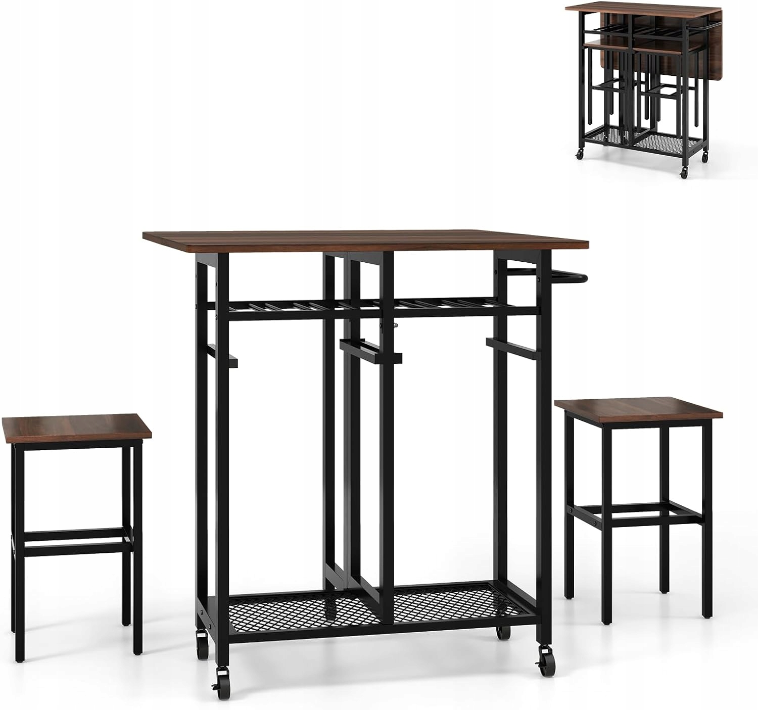 3-częściowy składany stół do jadalni ze stojakiem brązowy czarny