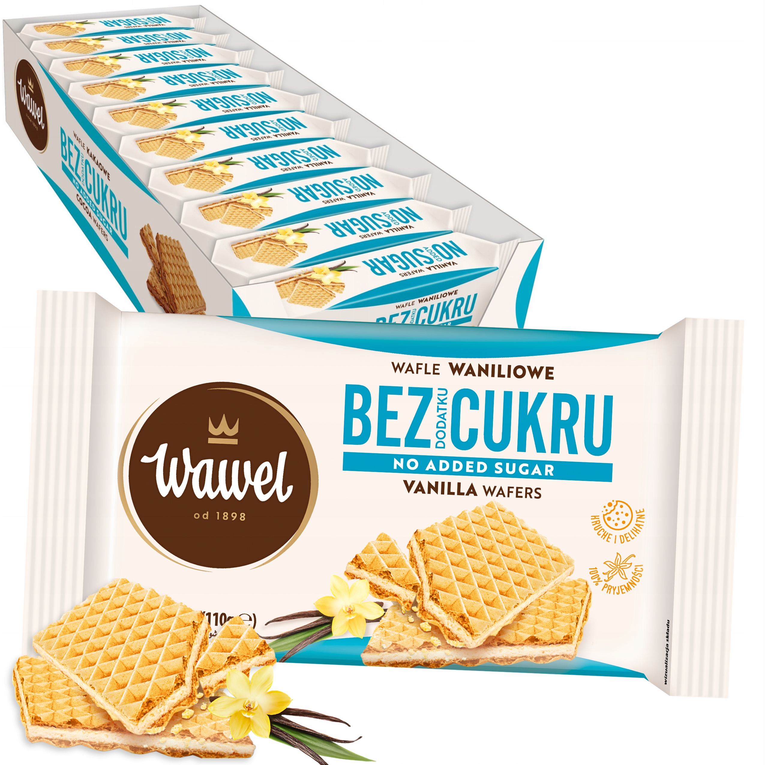 Wafle o smaku waniliowym Wafelki Bez Dodatku Cukru Wawel 110g Karton 10 szt