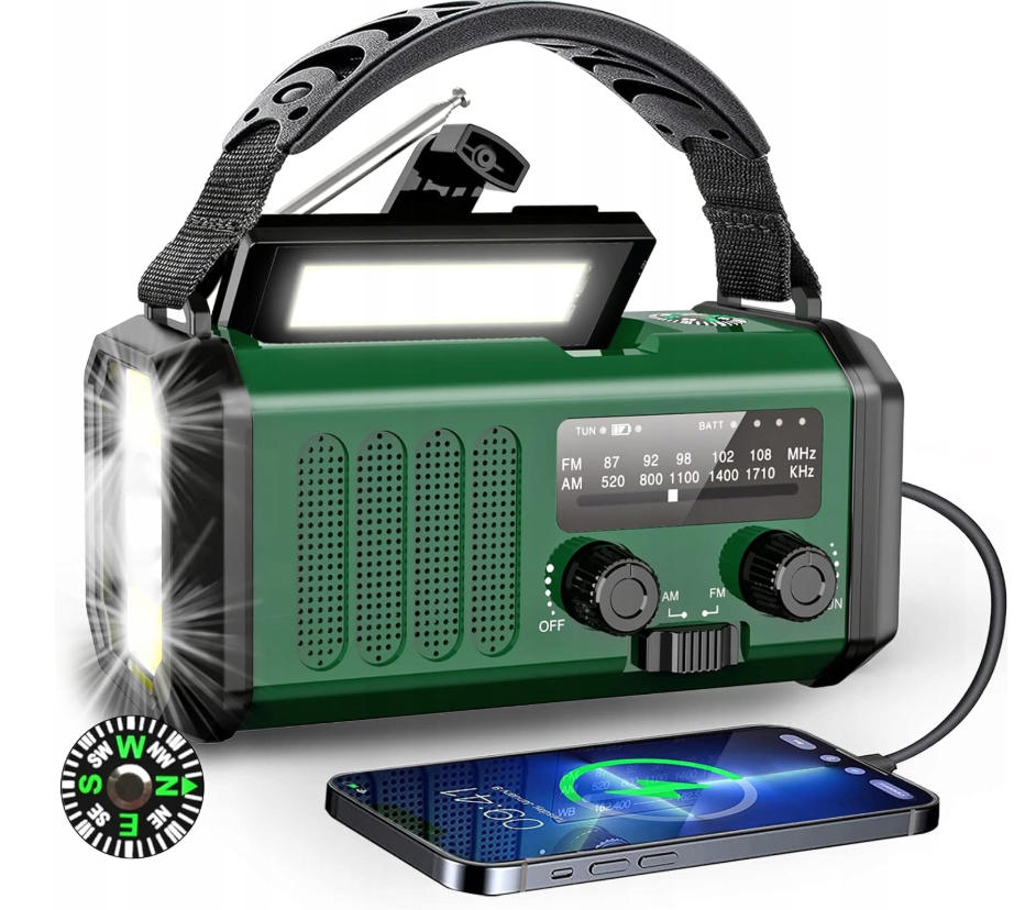 Radio Solarne Awaryjne 10000mAh Dynamo Powerbank Korbka Latarka Sos Na Ryby