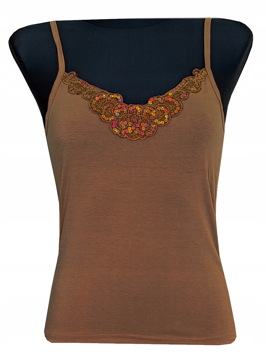 KOSZULKA DAMSKA BLUZKA TOP NA RAMIĄCZKA CEKINY BRĄZOWA M 38 MODEL:124H