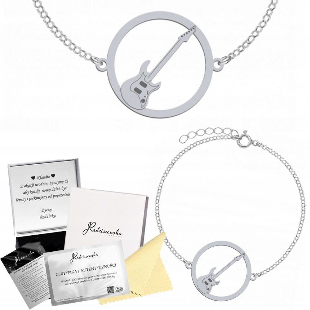 Stříbrný Náramek Elektrická Kytara Stříbro 925 Dárek Gravírování Bonus