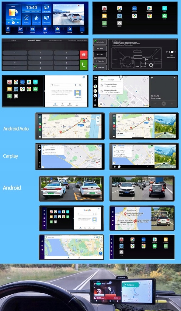 Radio Ekran Stacja CarPlay Rejestrator Monitor Nawigacja GPS Kamera Android Złącza AUX minijack USB