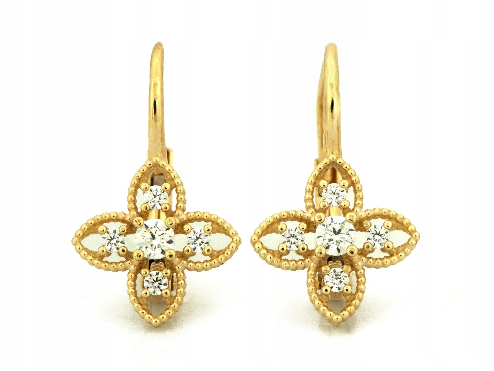 Náušnice pro ženy ze zlata 585 s zirkony, anglické čtyřlístky 14kt