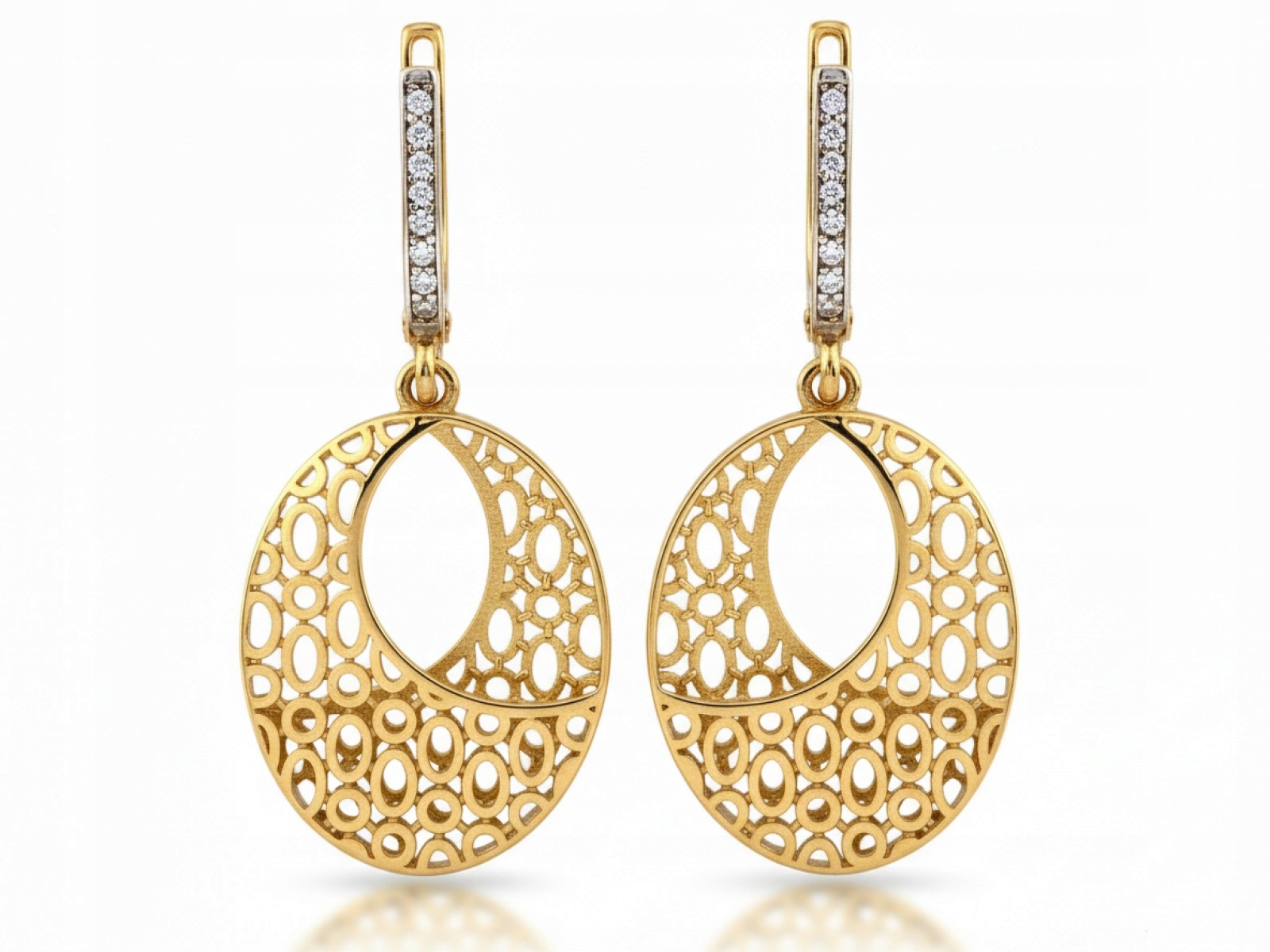 Zlaté náušnice 585 visící s zirkony efektní od klenotníka pro ni 14k