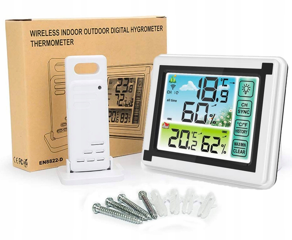 TERMOMETR Z HIGROMETREM POKOJOWY WILGOTNOŚCIOMIERZ Cechy dodatkowe Temperatura w °C / °F Podświetlenie Minimalna i Maksymalna Temperatura Dotykowy panel