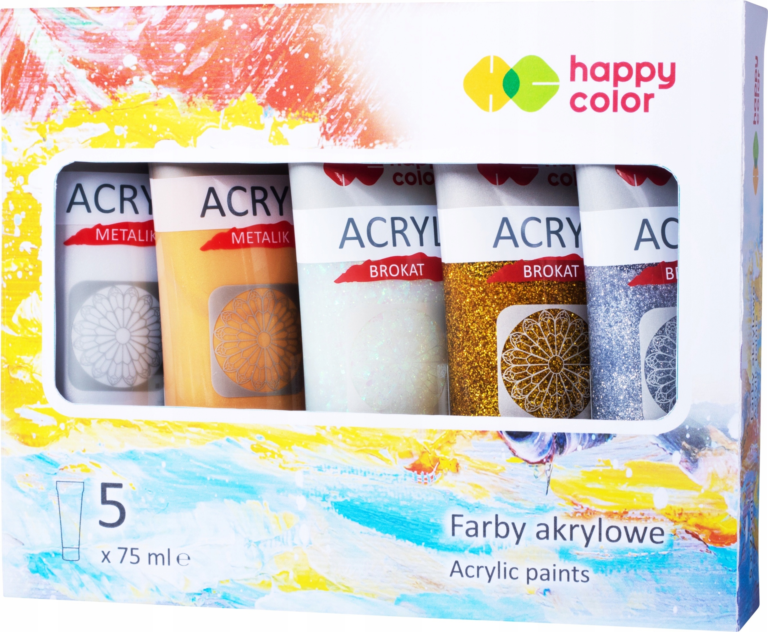 Akrylové barvy 75 Ml 5 barev třpytky Happy Color