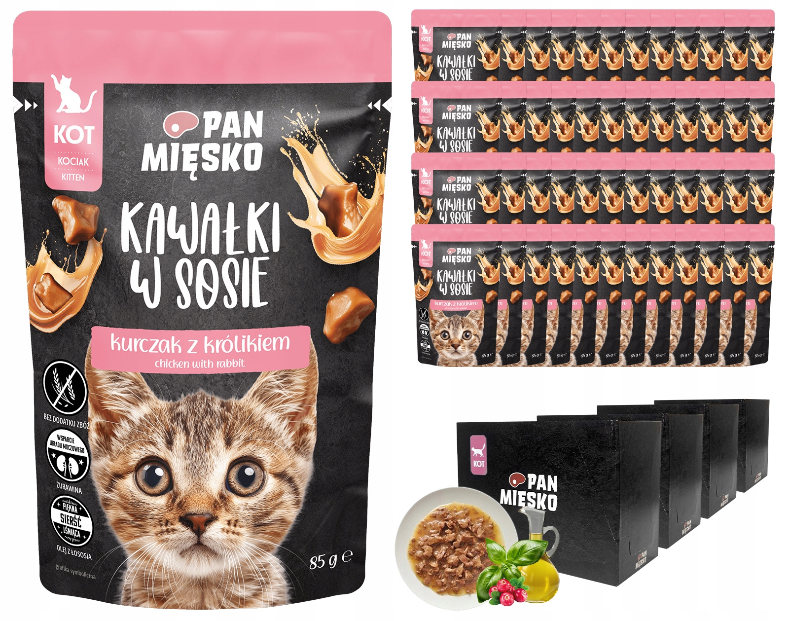 Pan Mięsko mokra karma dla kociąt Kurczak Królik kawałki w sosie 48x85g
