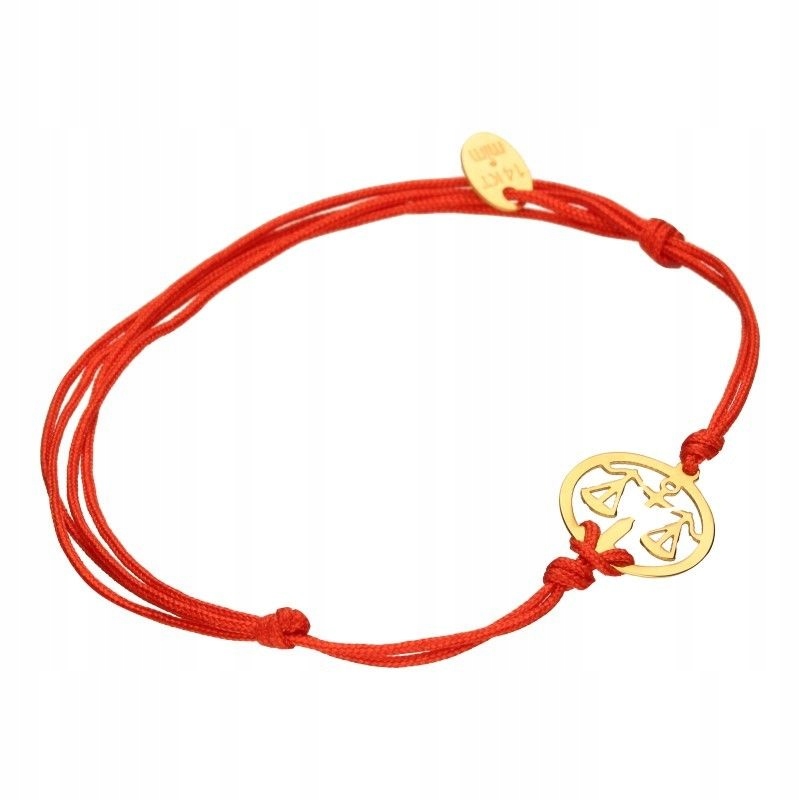 Zlatý náramek 585 s červenou šňůrkou a zlatým symbolem zvěrokruhu Váha