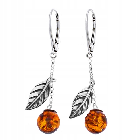 Stříbrné Náušnice kuličky list s Jantarem stříbro Ag 925 Anglické zapínání
