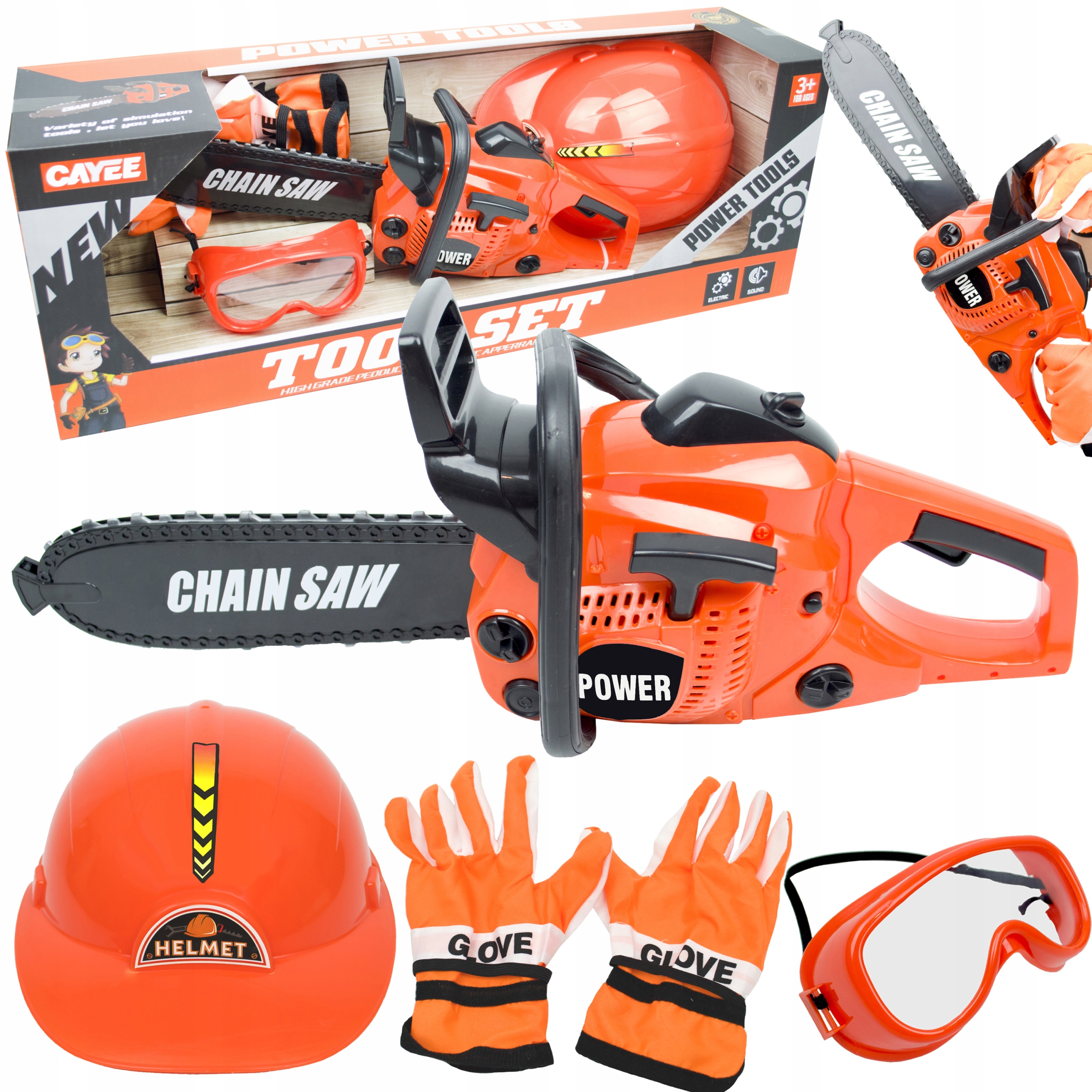 PIŁA ŁAŃCUCHOWA ZESTAW DLA DZIECI KASK OKULARY RĘKAWICZKI OBROTOWY ŁAŃCUCH