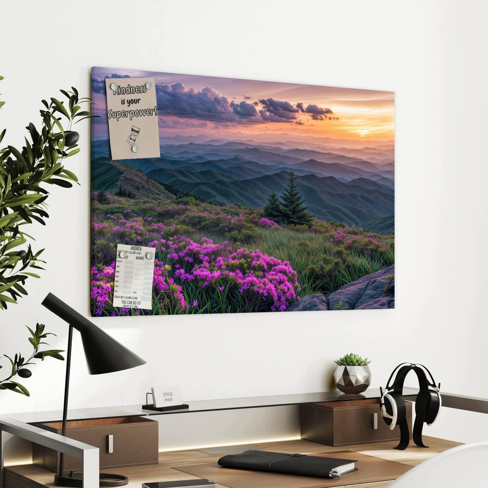 Magnetická tabule Horská krajina Květiny 90 × 60 cm