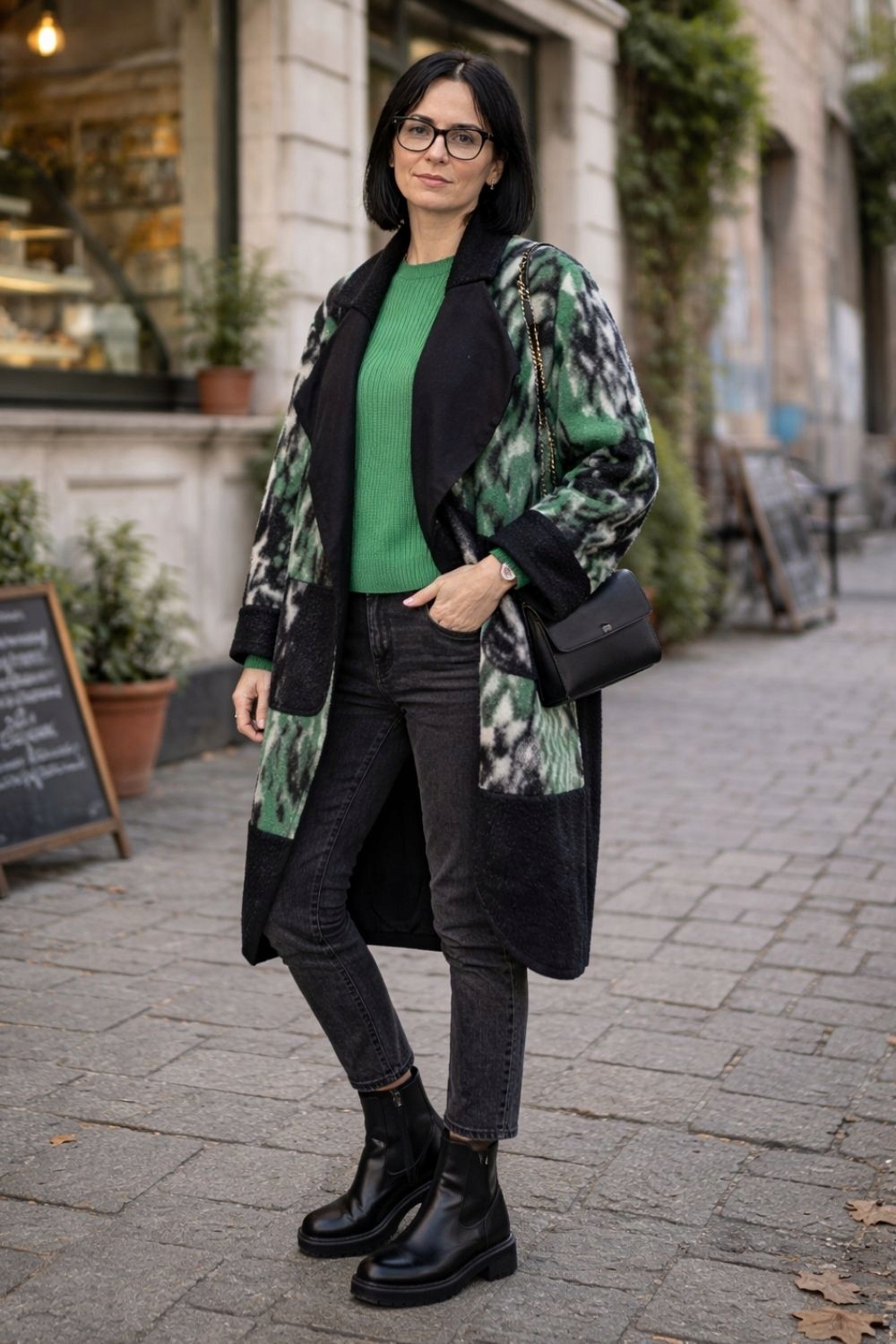 Dámský vlněný kabát 80% Wool italský oversize zelený vzor Uni