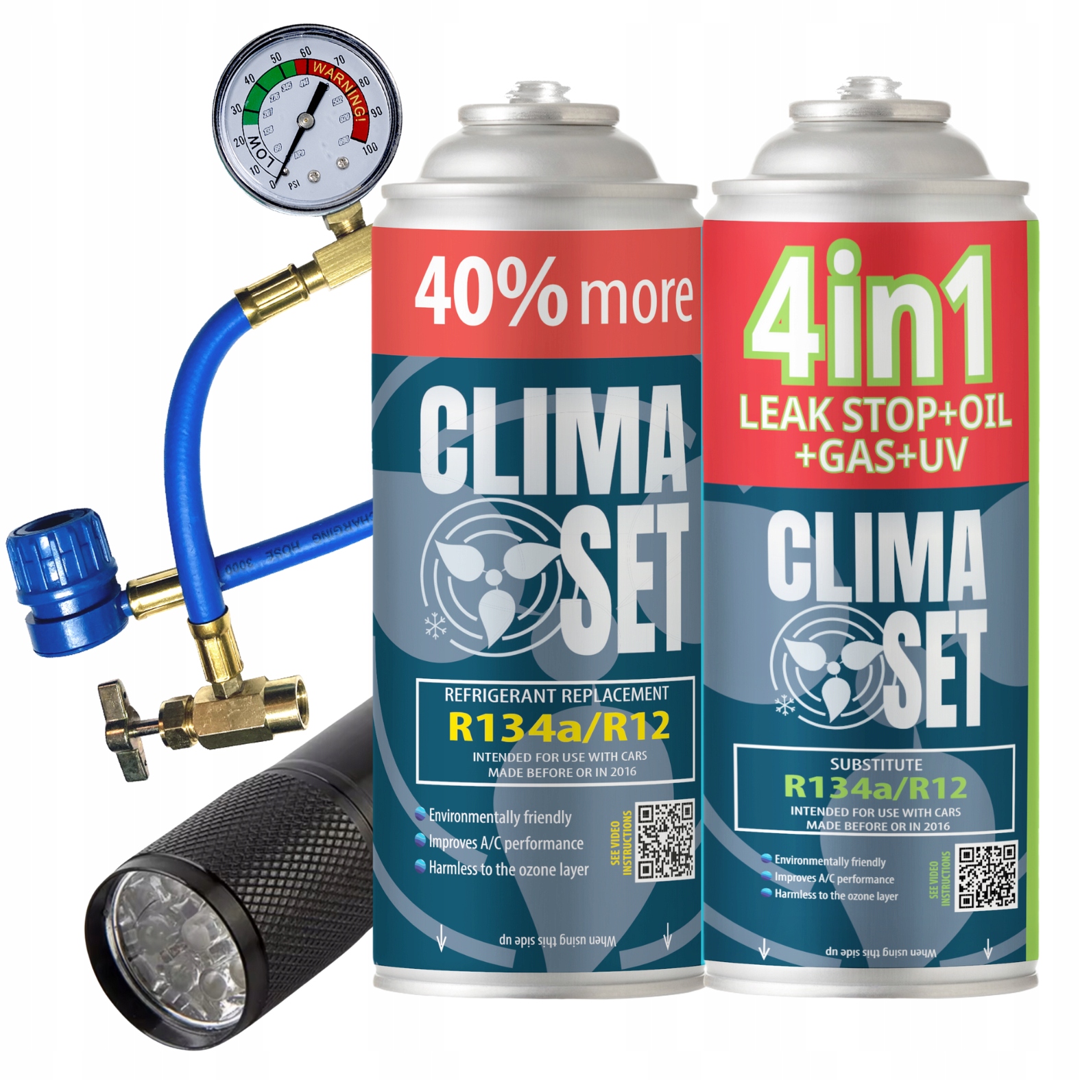 Sada 4V1 R134a Klimatizační Faktor Gaz R134A Kabel Uv svítilna 470g