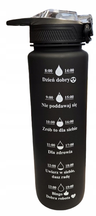 Smukee butelka bidon na wodę motywacyjna uchwyt i słomka 1 l czarna