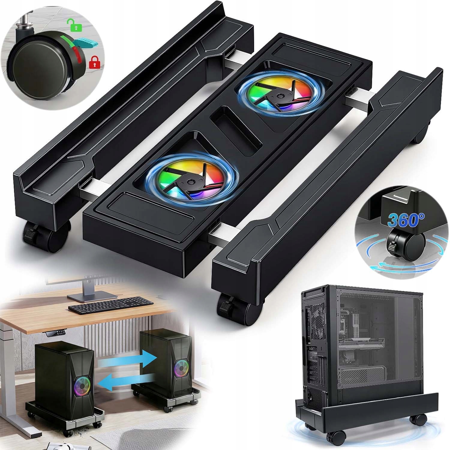 Základní Vozík Na Počítač Pc Holder Stojan S Ventilátorem A Led Nastavitelným
