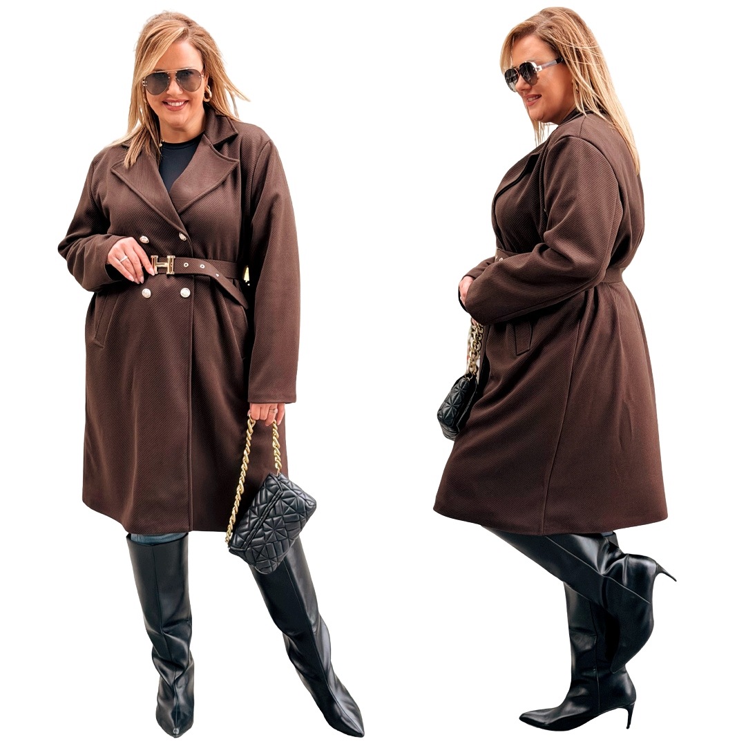 Dámský kabát Jodłka Knoflíky a Pásek Cavaricci Plus Size Čokoládový