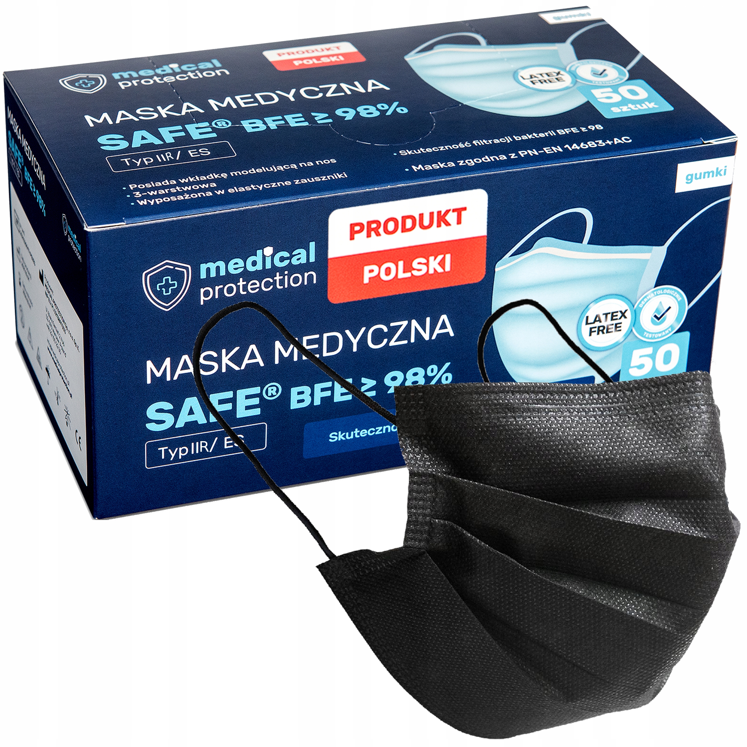 

Czarne Maseczki 50 Sztuk Gumki Ochronne Medyczne