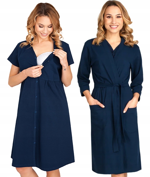 KOSZULA NOCNA KOMPLET SZLAFROK CIĄŻOWY BAWEŁNA GRANATOWY DO SZPITALA S