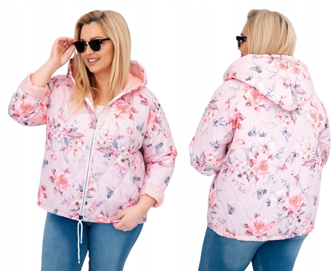 Pudrová růžová dámská jarní bunda Plus Size s kapucí s květinovým vzorem