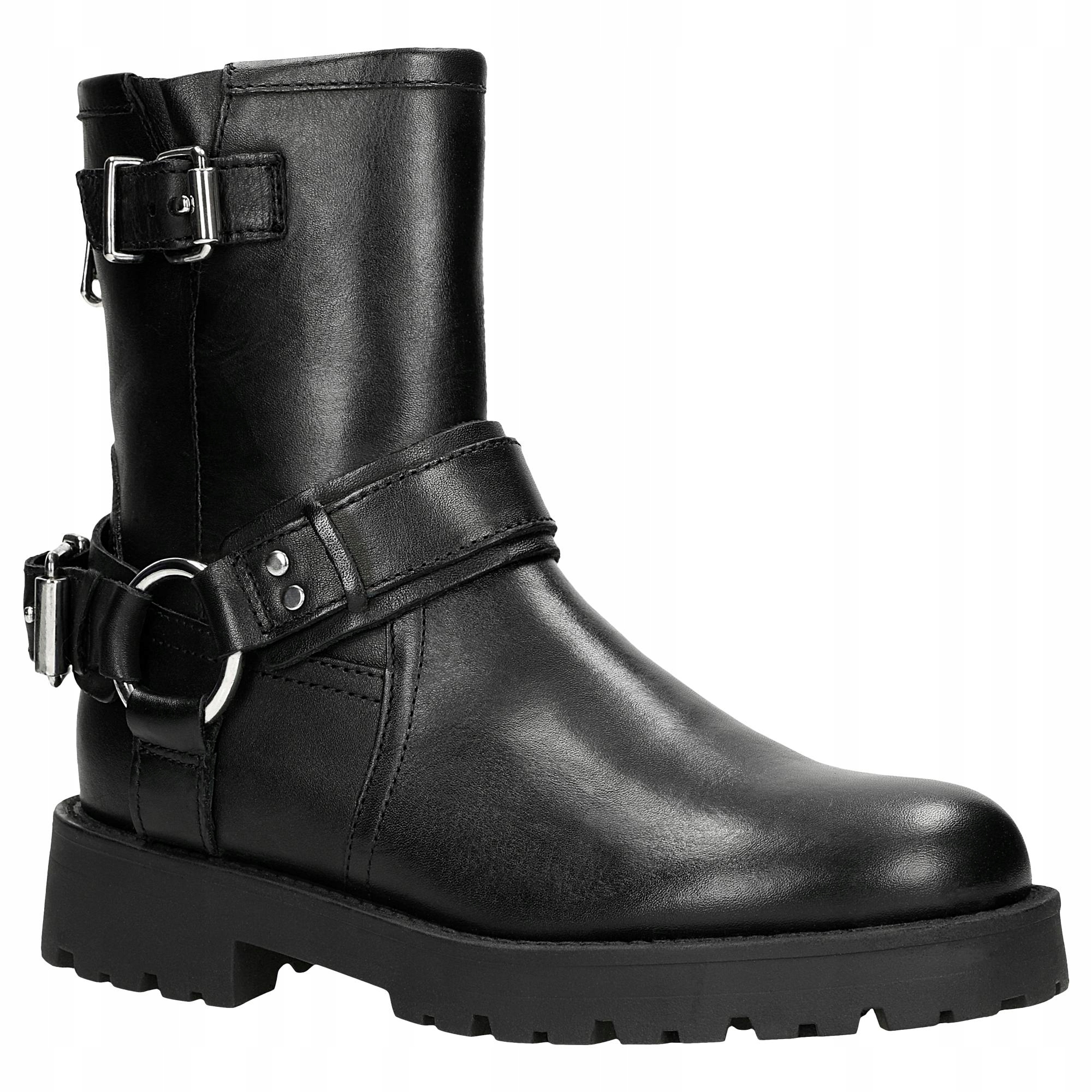 Dámské kotníkové boty černé kožené bikery s přezkami Wojas vel. 37