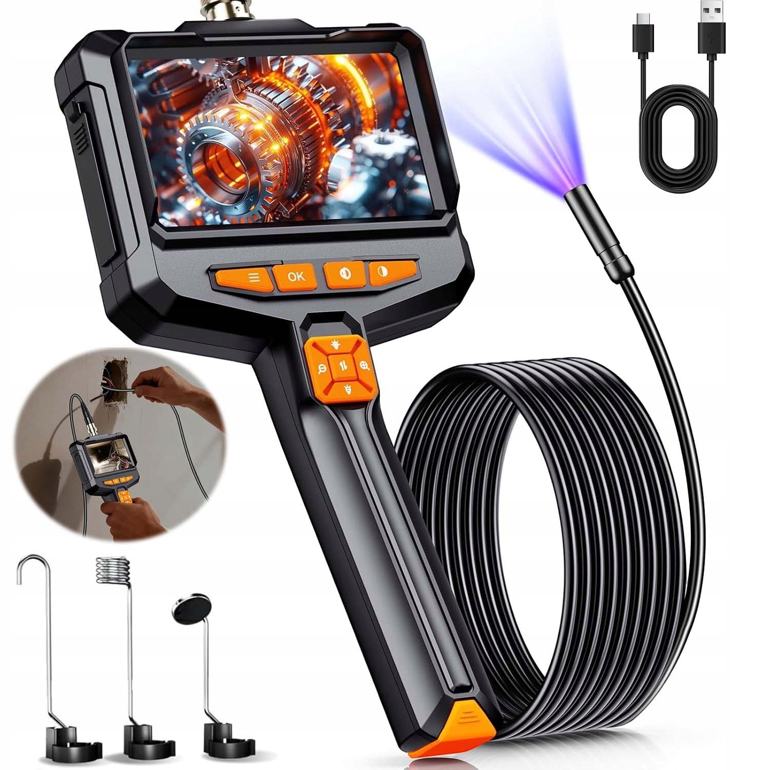 Endoskopická Inspekční Kamera 5 M 4.3" Ips Type-c 8LED Pro Trubky Motoru Full Hd