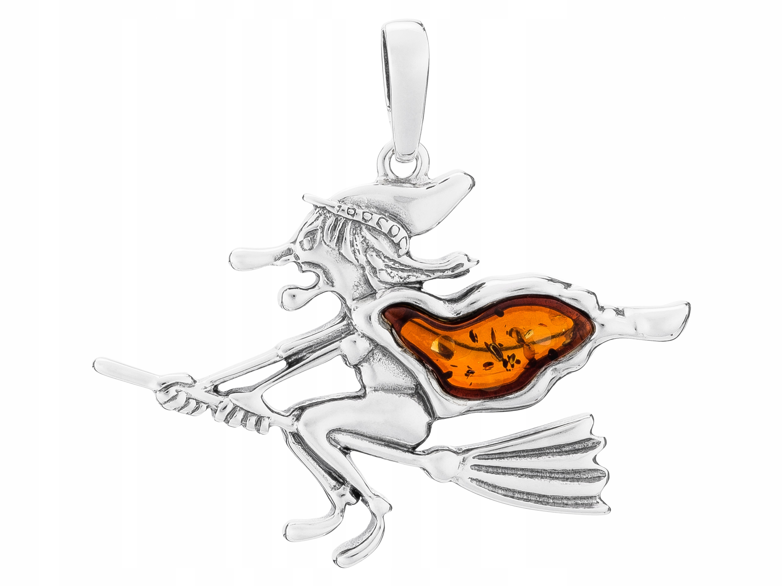Stříbrný Přívěsek s Jantarem Čarodějnice na Koštěti Oxidovaný Závěs 925