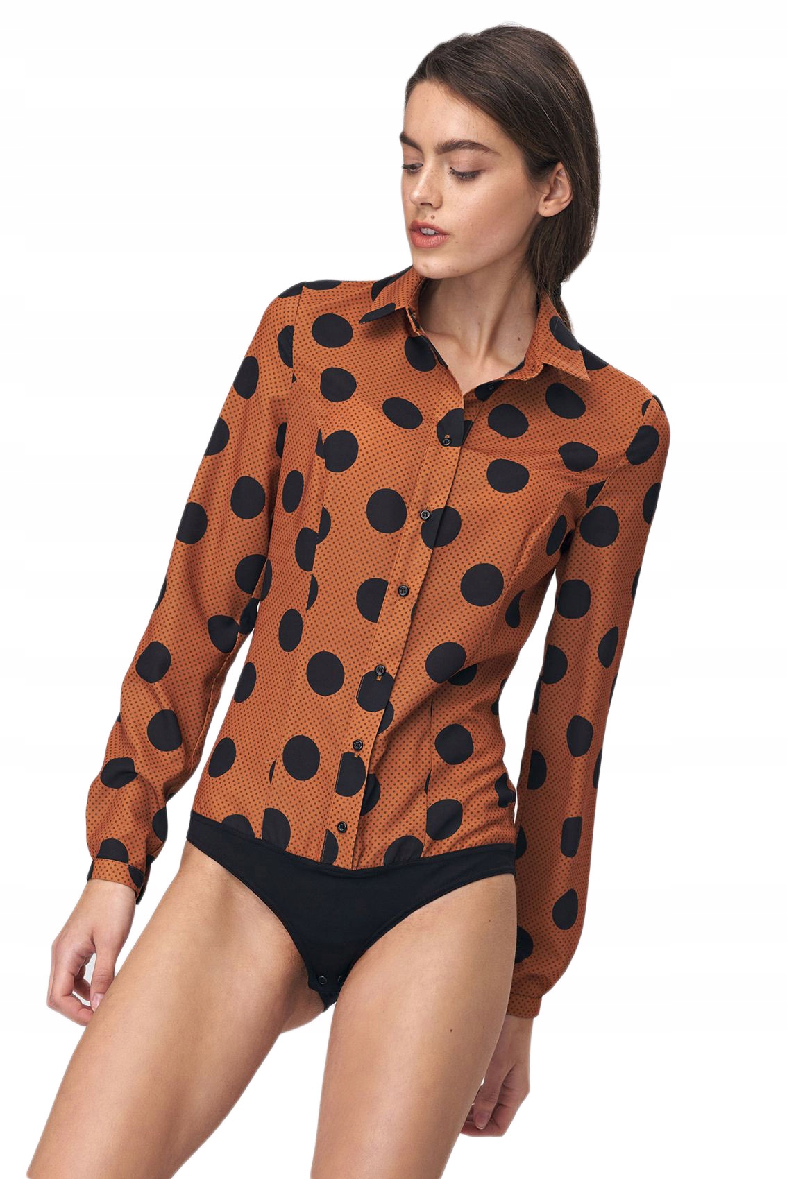 

Bluzka koszulowa body - grochy - B113 Xs (34) brąz