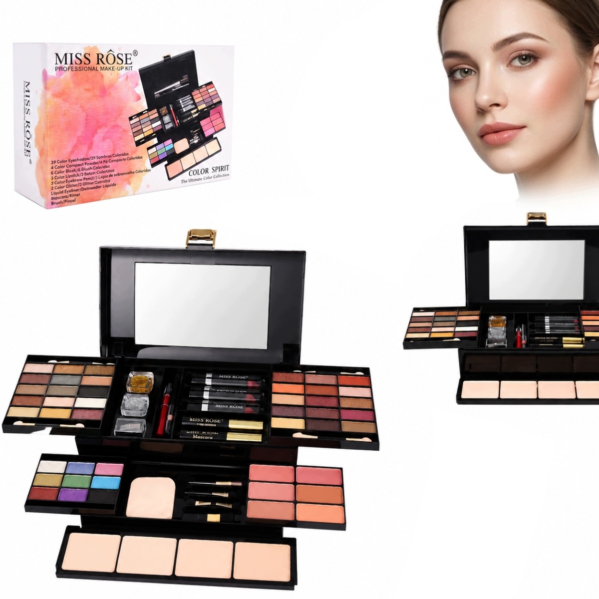 Kufříkový kufřík na make-up s pudrovými stíny a rtěnkami pro začátečníky