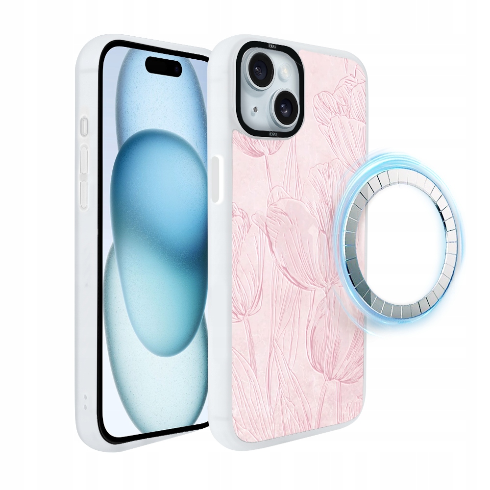 Pouzdro pro iPhone 15 Ibizu DropGuard Matt s MagSafe, tulipánová freska, bílé