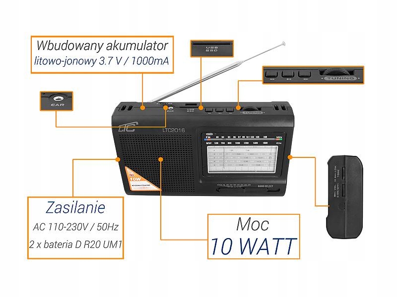 MAŁE RADIO PRZENOŚNE WILGA USB.SD.AKUM.CZARNE LTC Kolor czarny